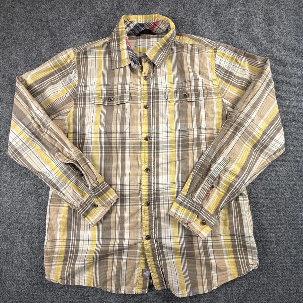 The North Face Mens Plaid Button Up Shirt Large Beige Yellow Brown Cotton 1180